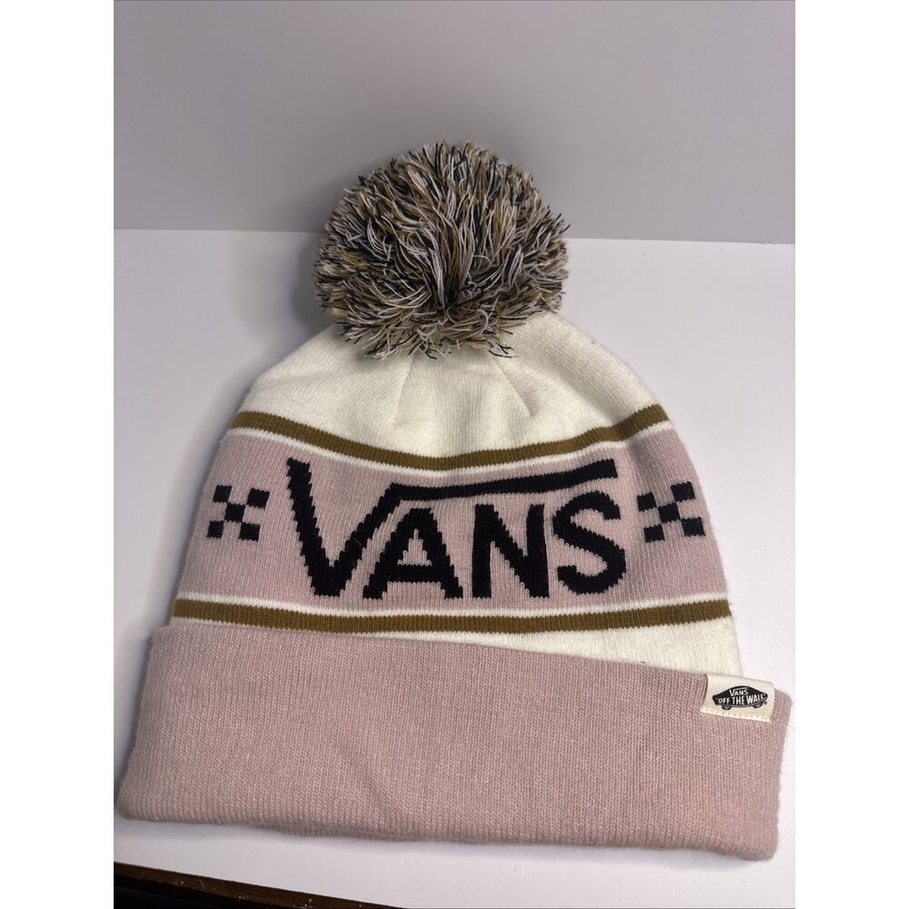 Vans Off the Wall Beanie Hat Pink/Cream/Brown Adult Toboggan Cap W/Pompom Winter